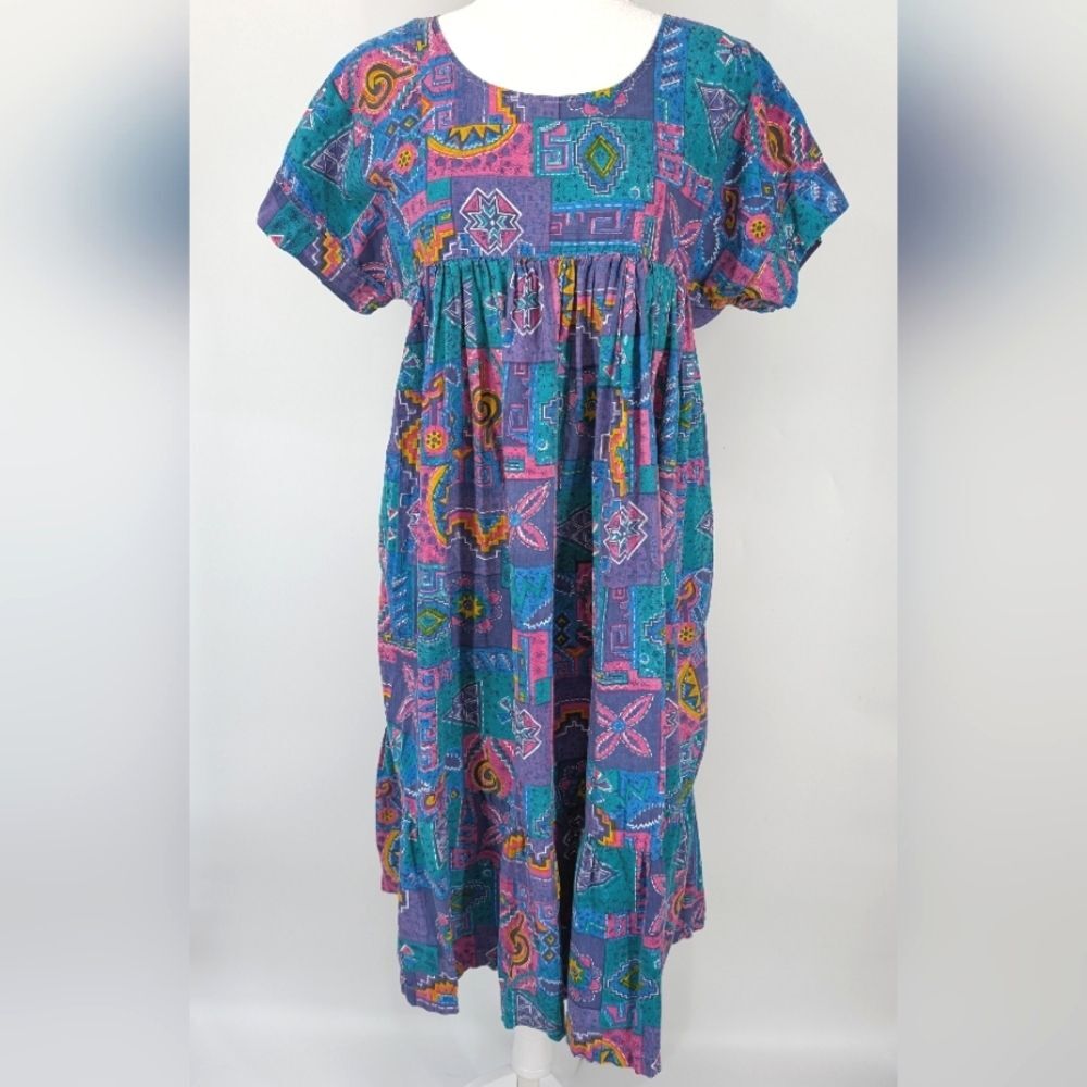Vintage Go Softly Multicolor Blue Purple Patch 90s Empire Waist Midi Dress Large